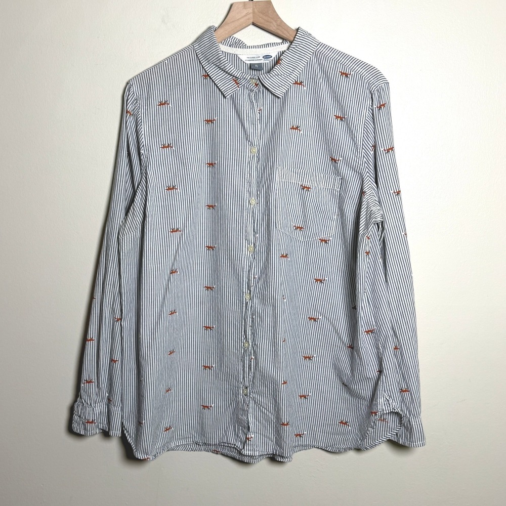 Old Navy Womens 100% Cotton Button Up Shirt XL Blue White Fox Print Preppy Fall